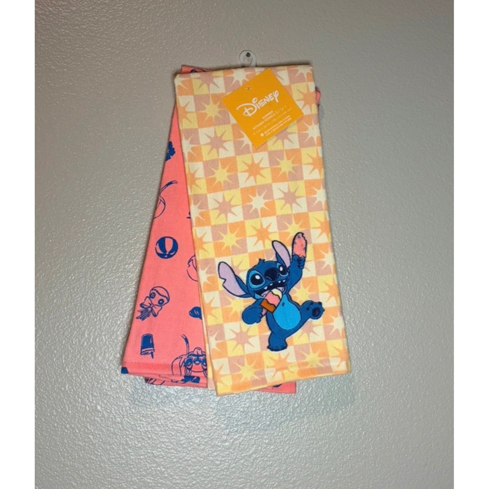 Disney Lilo & Stitch Summer Kitchen Towels Set of 2 Pink Orange Retro Sunburst